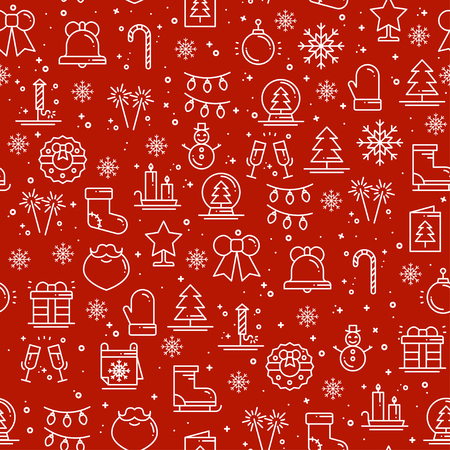 Merry Christmas party celebration seamless pattern. Xmas New Year holidays. Party decor elements thin icons. Vector illustration. Line background texture. Snowflakes christmas tree gift firework bellのイラスト素材