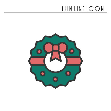 Christmas wreath with bow thin line icon. New Year celebration outline decorated pictogram. Xmas winter element. Vector simple flat linear design. Logo illustration. Silhouette symbols. Advent wreathのイラスト素材