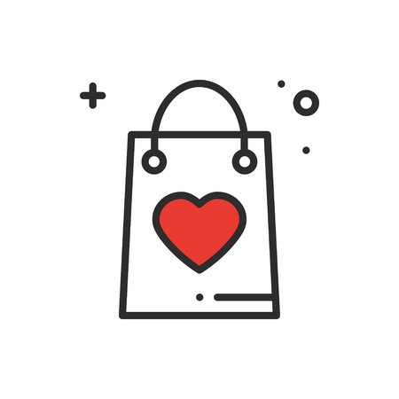 Shopping package line icon. Present, gift box. Happy Valentine day sign and symbol. Party celebration, birthday, holidays theme. Vector simple linear design. Heart shape.のイラスト素材