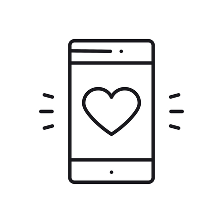 Smartphone with heart emoji message on screen line icon. Love confession like sign and symbol. Love relationship holiday romantic messaging smartphone mobile phone sms message theme.のイラスト素材