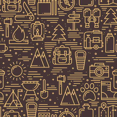 Hiking and Camping Seamless Pattern in Line Style. Outdoor Camp Adventure Theme. Vector illustration. Background. Hiking Print.のイラスト素材