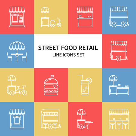 Street food retail thin line icons set. Food truck, kiosk, trolley, wheel market stall, mobile cafe, shop, tent, trade cart. Vector style linear icons. Symbols.のイラスト素材
