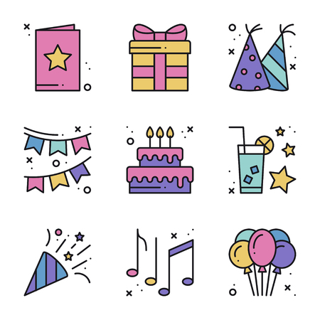 Birthday celebration thin line icons set. Party, holidays. Basic birthday elements. Vector simple linear design. Illustration. Symbols.のイラスト素材