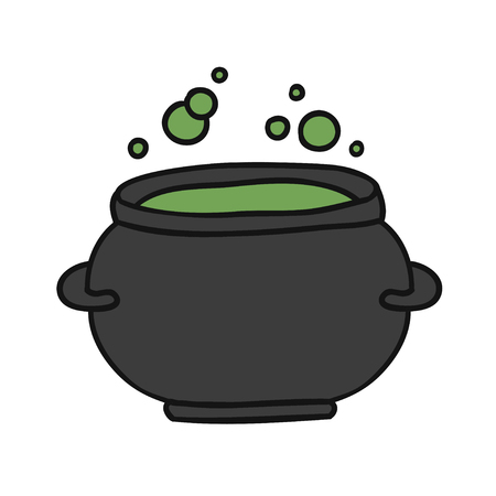 Witch cauldron with green gurgling potion. Doodle cartoon cauldron. Hand-drawn design element for Halloweenのイラスト素材