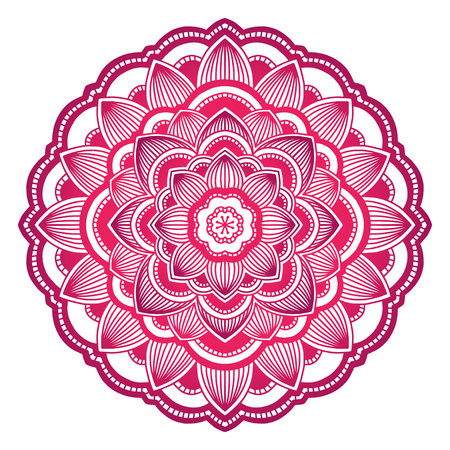 Mandala. Ethnic round ornament. Hand drawn indian motif. Mehendi meditation yoga henna theme. Unique pink lace printのイラスト素材