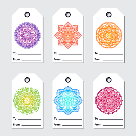 Gift tags set with mandala. Ethnic round ornament. Hand drawn indian moroccan arabic oriental motif. Meditation yoga theme. Sale colorful gradient badges designのイラスト素材