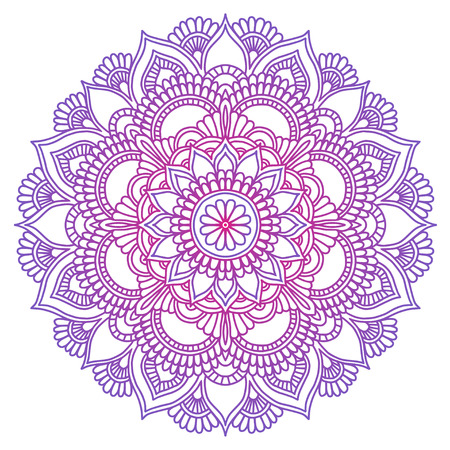 Mandala. Ethnic round ornament. Hand drawn indian motif. Mehendi meditation yoga henna theme. Unique purple floral printのイラスト素材