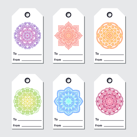 Gift tags set with mandala. Ethnic round ornament. Hand drawn indian moroccan arabic oriental motif. Meditation yoga theme. Sale colorful badges design. Gradient label printのイラスト素材