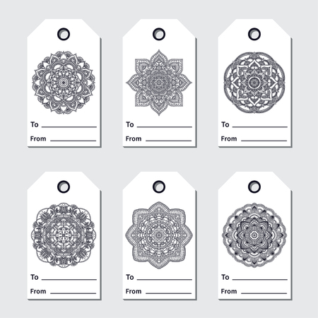 Gift tags set with mandala. Ethnic round ornament. Hand drawn indian moroccan arabic oriental motif. Meditation yoga theme. Sale badges designのイラスト素材