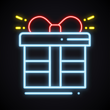 Neon gift box with ribbon sign. Prize, present, win, bonus, reward, gift box theme. Happy Birthday glowing symbol.のイラスト素材