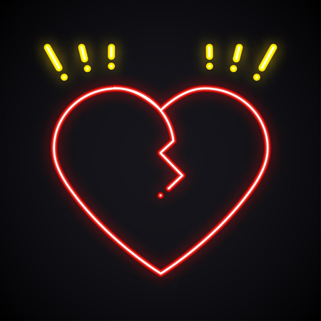 Neon broken heart sign. Light divorce symbol. Heartbreak, treachery, breakup bright themeのイラスト素材