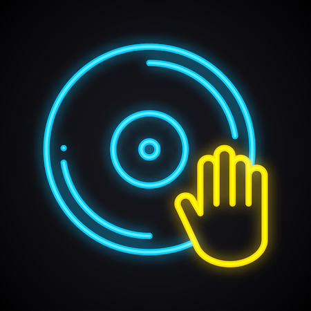 Bright neon disco sign. Glowing dancing party symbol. Club, vinyl, music, nightlife, DJ theme.のイラスト素材