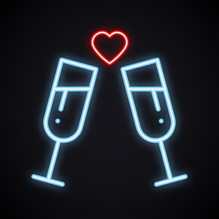 Neon drink in two glasses. Bright toast sign. Cocktails, binge, champagne, wine, theme. Light glowing alcohol symbolのイラスト素材