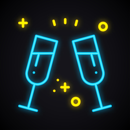 Neon drink in two glasses. Bright toast sign. Cocktails, binge, champagne, wine, theme. Light glowing alcohol symbolのイラスト素材