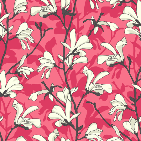 Seamless pattern with magnolia tree blossom. Pink floral background with branch and white magnolia flower. Spring design with big floral elements. Hand drawn botanical illustrationのイラスト素材