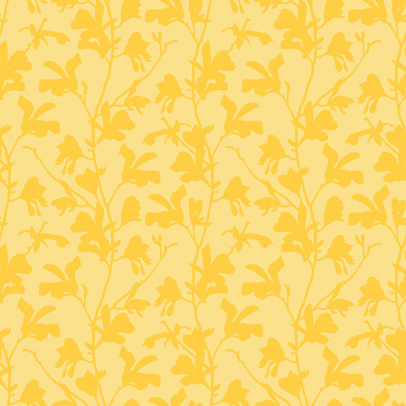 Seamless pattern with magnolia tree blossom. Yellow floral background with branch and magnolia flower. Spring design with big floral elements. Hand drawn botanical illustrationのイラスト素材