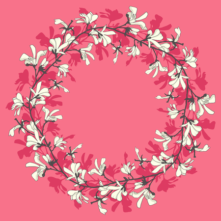 Floral frame with magnolia tree blossom. Pink background with branch and magnolia flower. Spring wreath design with floral elements. Hand drawn botanical illustrationのイラスト素材