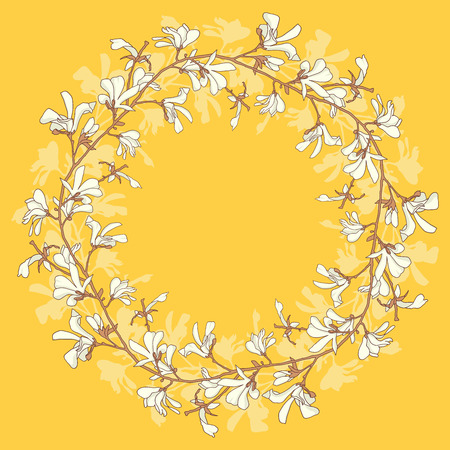 Floral frame with magnolia tree blossom. Yellow background with branch and magnolia flower. Spring wreath design with floral elements. Hand drawn botanical illustrationのイラスト素材