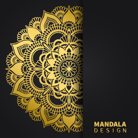 Golden mandala design. Ethnic round ornament. Hand drawn indian motif. Unique golden floral print. Elegant invitation card for wedding. Abstract luxury background. Mehendi meditation yoga henna themeのイラスト素材