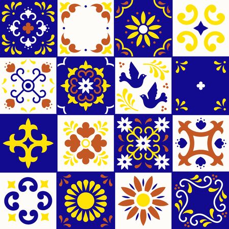 Mexican talavera pattern. Ceramic tiles with flower, leaves and bird ornaments in traditional style from Puebla. Mexico floral mosaic in ultramarine, terracotta, yellow and white. Folk art design.のイラスト素材