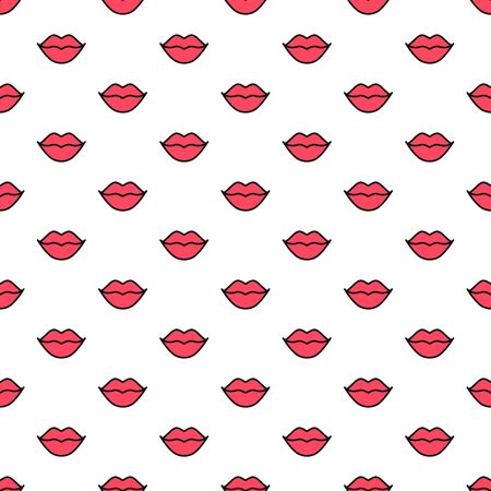 Red lips seamless pattern on white background. Lipstick kiss. Vector illustration. Fashion background in minimal designのイラスト素材