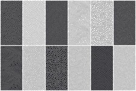 Set of organic seamless patterns with rounded lines, drips. Diffusion reaction background. Linear design with biological shapes. Structure of natural cells, maze, coral. Abstract vector illustrationのイラスト素材