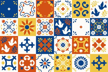 Mexican talavera pattern. Ceramic tiles with flower, leaves and bird ornaments in traditional majolica style from Puebla. Mexico floral mosaic in classic blue and white. Folk art design.のイラスト素材