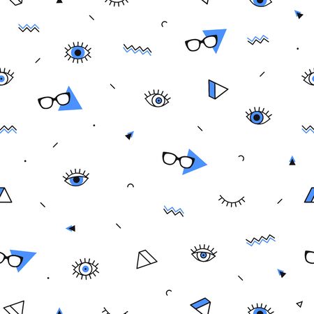 Glasses eyes seamless pattern on white background and geometric shapes in memphis style. Eyeglasses. Vector illustration. Fashion background in minimal design.のイラスト素材