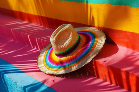 Mexican sombrero hat on color background. Cinco de mayo colorful concept.の素材
