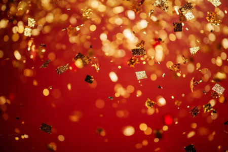 Shiny golden confetti falling down on red backgroundの素材