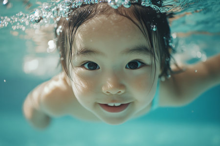 An asian toddler girl learning to dive under the water in a poolの素材