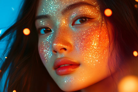 Portrait of Asian girl with glitter on her face against color background. Beauty, cosmetics and creative art makeup. Bright skin.の素材
