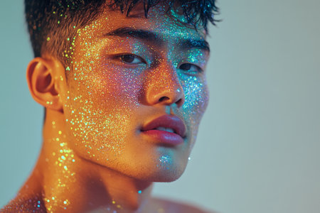 Portrait of Asian handsome young man with glitter on face. Glowing skin. Concept of beauty and fashion.の素材