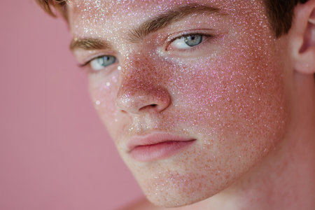 Portrait of handsome young man with glitter on face. Glowing skin. Concept of beauty and fashion.の素材