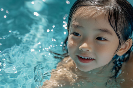 An asian toddler girl learning to swim in the poolの素材