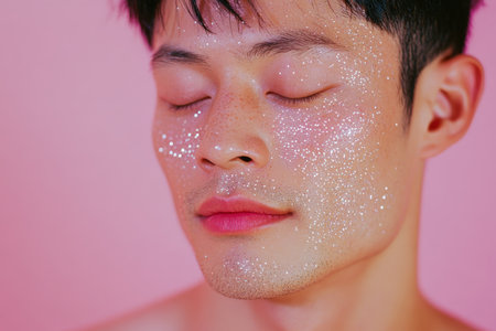Portrait of Asian handsome young man with glitter on face. Glowing skin. Concept of beauty and fashion.の素材