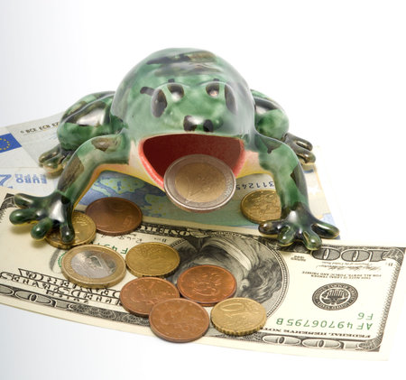 The ceramic frog sitting on money holds in a mouth a coin two euros.の写真素材