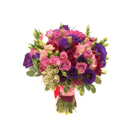 Colorful purple pink vinous colored wedding bouquet isolated on white backgroundの写真素材