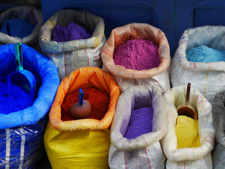 Colorful moroccan powder dye colorant in bagsの写真素材