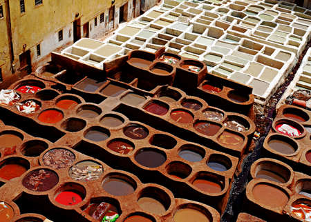 close-up of handmade leather Tannery in Fez, Moroccoの写真素材