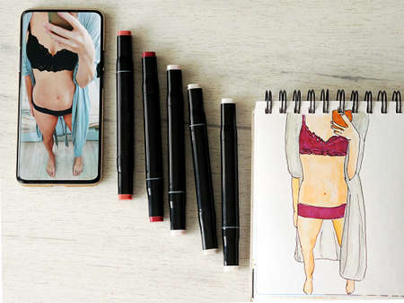 result of sketching Photo of woman in lingerieの写真素材