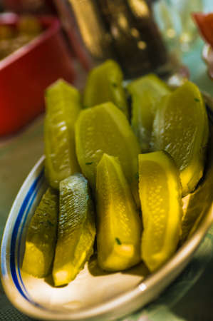 Salted cucumbers - a delicacy for grilled meat dishes.の写真素材