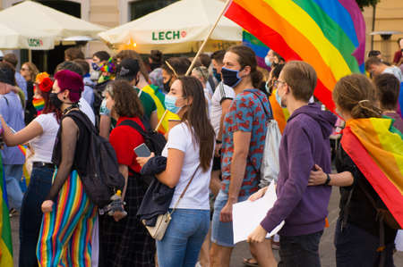 Cracow. Poland - 08/30/2020: Demonstration of supporters of LGBT ideology in Cracow, Main Squareのeditorial素材
