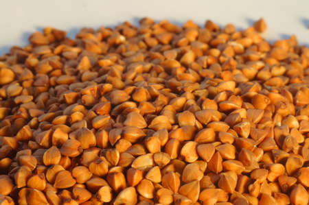 Natural food - buckwheat groats. Portion of groats before cooking. Preparation of the meal. A meal for vegetarians. Brown culinary background.の写真素材