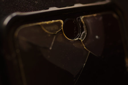 Cell phone - screen with worn protective glass. Close-up of protective film - glass with signs of...