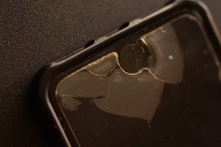 Cell phone - screen with worn protective glass. Close-up of protective film - glass with signs of...