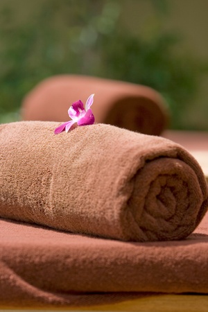 Brown towel on the tableの写真素材