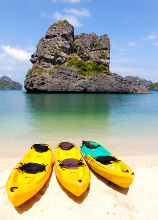 kayak on the beach in blue sky dayの写真素材