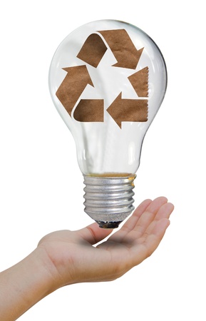 Recycle concept lamp mixed together with handの写真素材