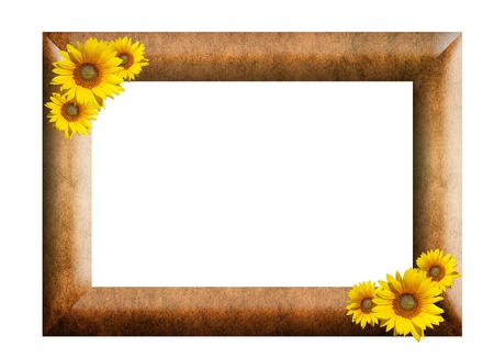 Vintage picture frame, wood plated and sunflower on white backgroundの写真素材